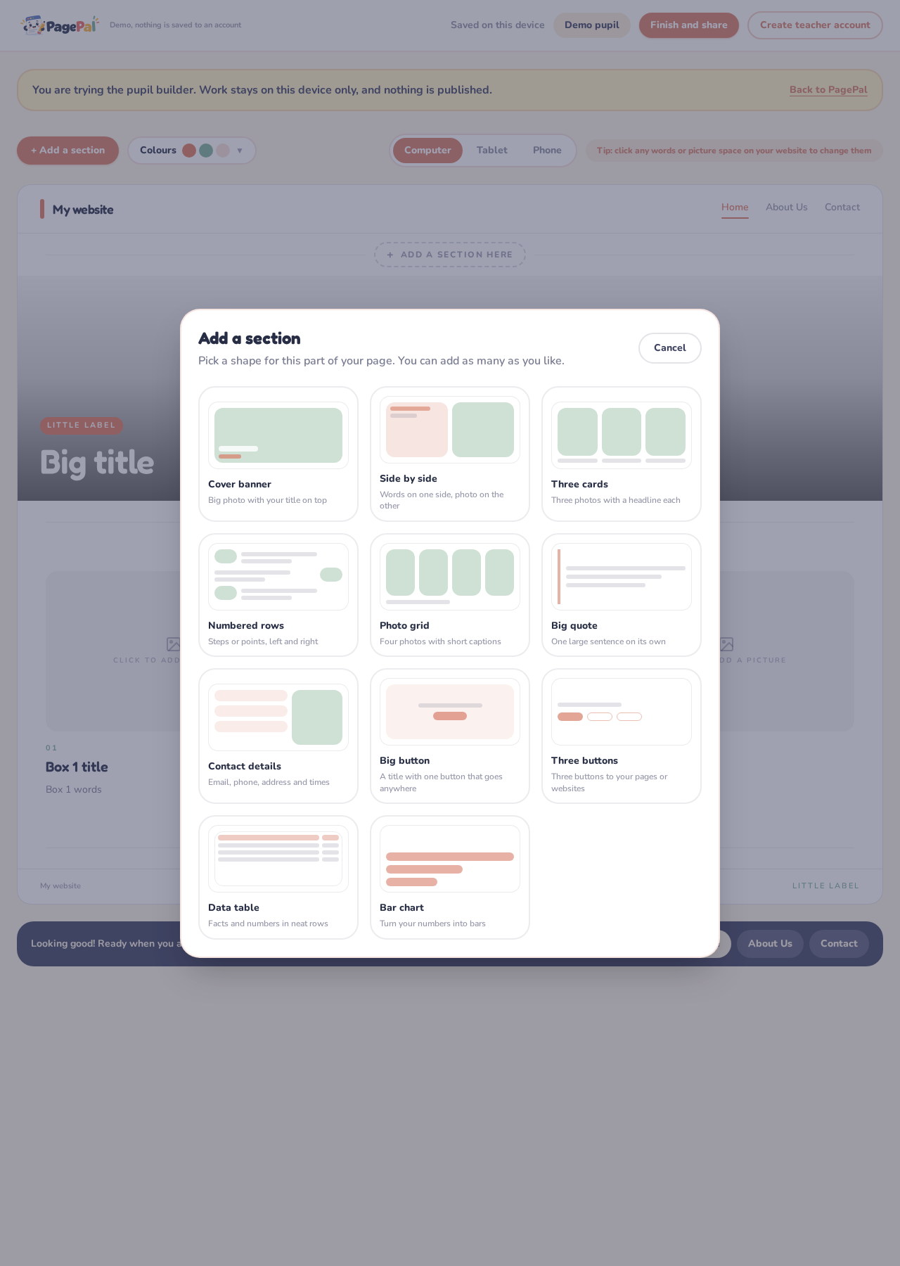 PagePal section picker showing cover, cards, galleries, buttons, tables and charts
